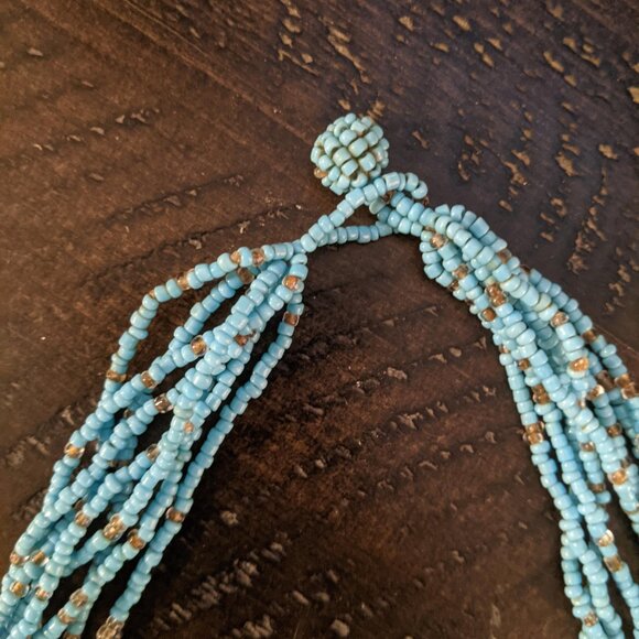 Long Turquoise Multi Strand Seed Bead Necklace Boho Waterfall Style Beaded Blue - Picture 3 of 4